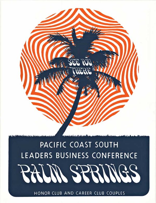 Mid century Palm Springs poster with a black palm tree silhouette against an orange concentric sun pattern and blue text below.