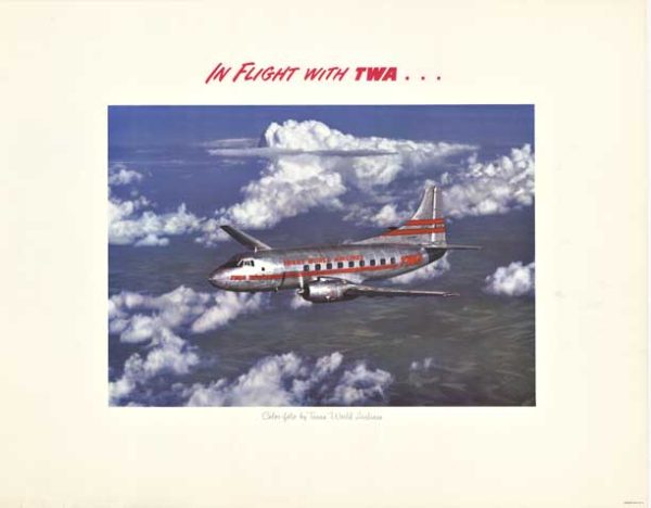 Propeller-driven TWA airliner flying above clouds with “In Flight with TWA” text above.