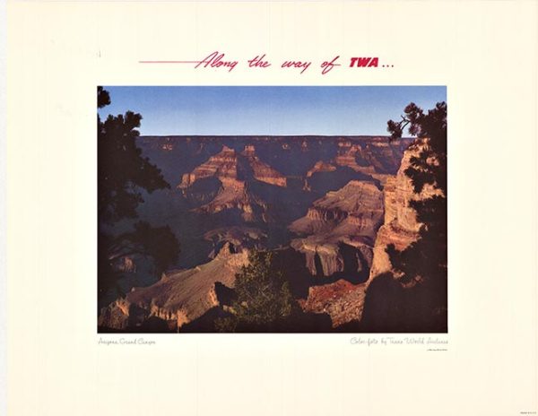 Framed photograph-style image of the Grand Canyon at sunset with “Along the Way by TWA” text above.