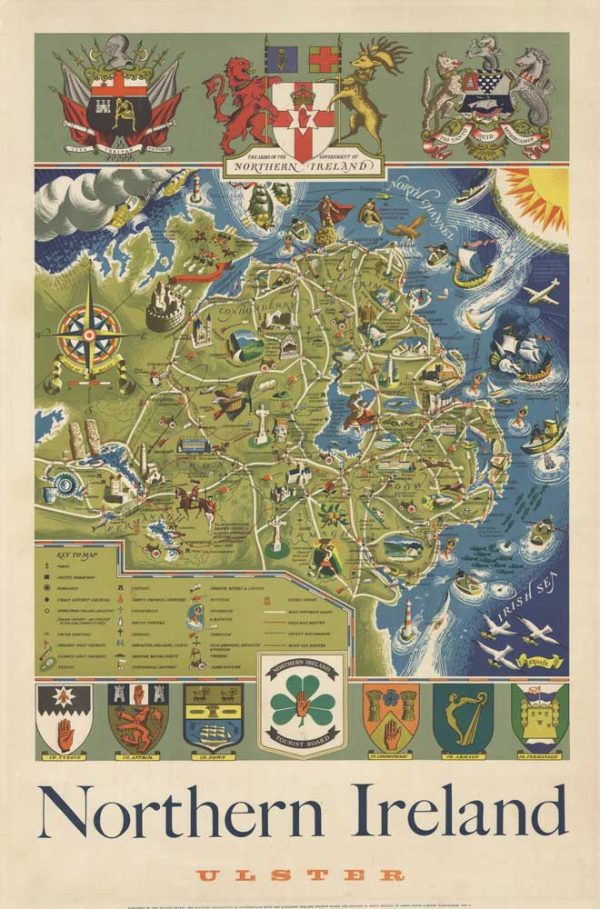 1959 Northern Ireland Ulster illustrated map travel poster, lithograph, featuring detailed regional landmarks, coastal scenes, heraldic shields, and transport routes in a colorful mid-century pictorial style