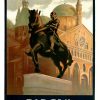 Vintage 1930s Italian travel poster by Marcello Dudovich featuring the Gattamelata equestrian statue and Basilica of Saint Anthony in Padova