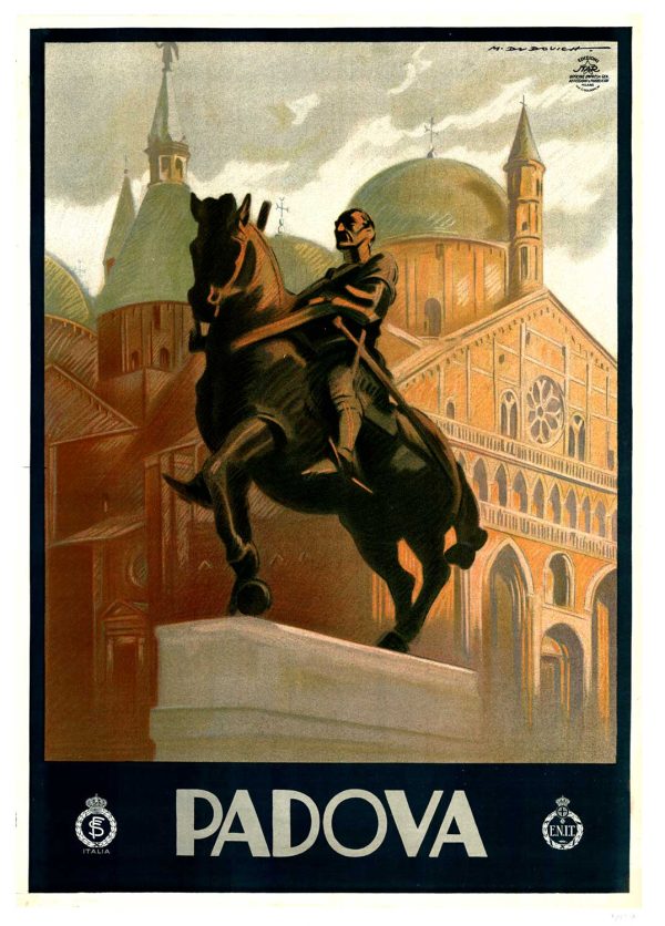 Vintage 1930s Italian travel poster by Marcello Dudovich featuring the Gattamelata equestrian statue and Basilica of Saint Anthony in Padova