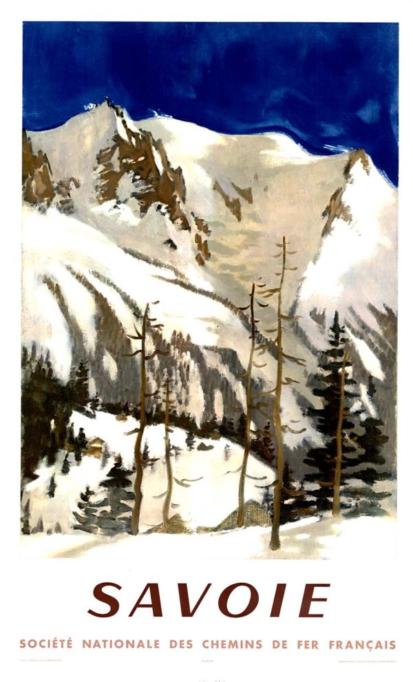 Original vintage 1954 Savoie Alps travel poster by Lucien J. Fontanarosa for SNCF featuring alpine landscape lithography