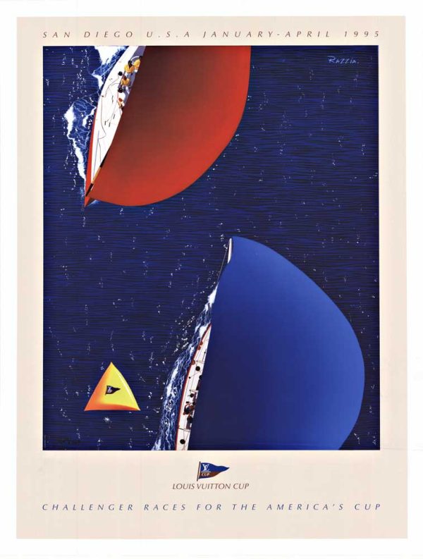 1995 Louis Vuitton Cup sailing poster with aerial view of two yachts, red and blue sails, hand signed