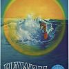 Pan American Airways Hawaii 1970 original travel poster showing surfer riding wave with glowing sunset over ocean