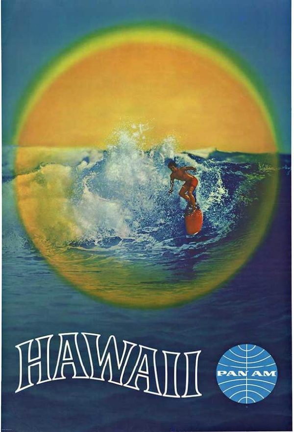 Pan American Airways Hawaii 1970 original travel poster showing surfer riding wave with glowing sunset over ocean