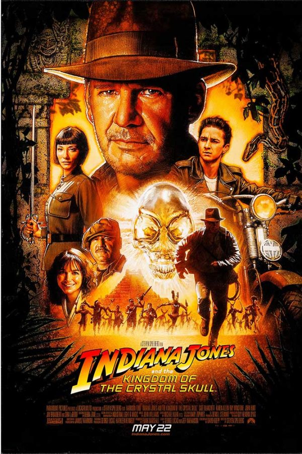 Original, 2008 U.S. one-sheet Indiana Jones and the Kingdom of the Crystal Skull advance poster featuring Indiana Jones with ensemble character montage and glowing crystal skull centerpiece.