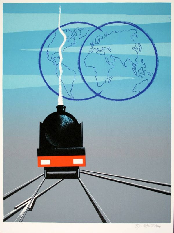 Hand-signed 1990 "Exactitude" train poster by Pierre Fix-Masseau featuring sleek black locomotive on orange platform beneath interlocking blue world globes, Art Deco geometric design, symbolizing precision and global connectivity, signed lower right in pencil