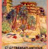 Original 1926 Henri Villain vintage travel poster for Compagnie Générale Transatlantique promoting the Aurès Mountains in Algeria, featuring stone lithograph artwork of palm trees, desert oasis, and rocky cliffs