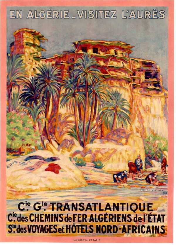 Original 1926 Henri Villain vintage travel poster for Compagnie Générale Transatlantique promoting the Aurès Mountains in Algeria, featuring stone lithograph artwork of palm trees, desert oasis, and rocky cliffs