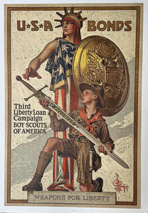 Third Liberty Loan “Be Prepared” Boy Scouts of America USA Bonds vintage poster, J.C. Leyendecker illustration, archival linen backed