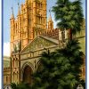 Authentic original Palermo travel poster by Attilio Ravaglia featuring golden Palermo Cathedral with ornate Gothic spires and arches, lush tropical green palm fronds framing the architecture, brilliant blue Mediterranean sky, warm honey-gold stone tones, vintage Italian travel design