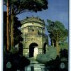 Original vintage Ravenna Italia tourism poster depicting the Mausoleum of Theodoric at dusk, cream-colored Byzantine architecture surrounded by dark cypress and pine trees against soft blue evening sky, ENIT and FS logos flanking the design, authentic 1920s lithograph