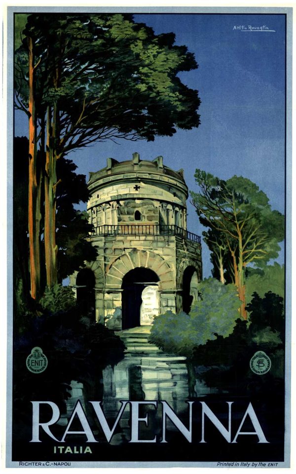 Original vintage Ravenna Italia tourism poster depicting the Mausoleum of Theodoric at dusk, cream-colored Byzantine architecture surrounded by dark cypress and pine trees against soft blue evening sky, ENIT and FS logos flanking the design, authentic 1920s lithograph