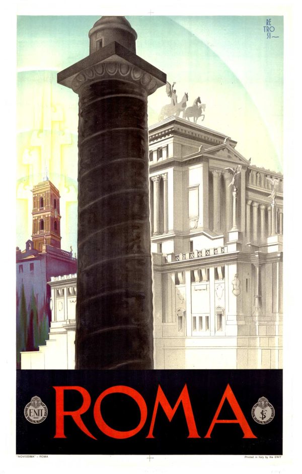 Vintage 1930 Roma travel poster by Virgilio Retrosi showcasing Rome's iconic monuments with dramatic architectural lithography