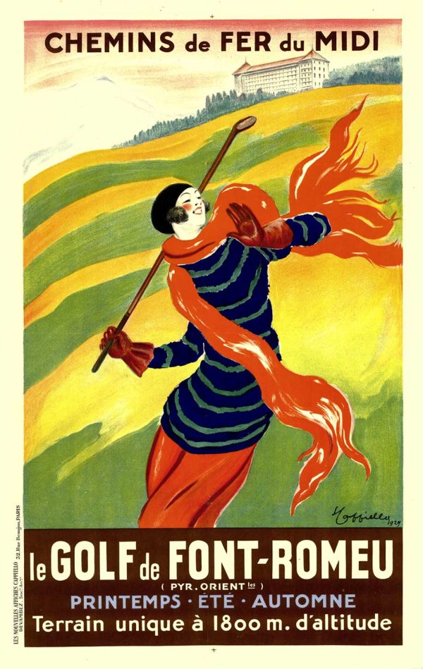 1929 Le Golf de Font-Romeu poster by Leonetto Cappiello featuring a stylized female golfer in red and blue against rolling green hills, French railway travel advertisement