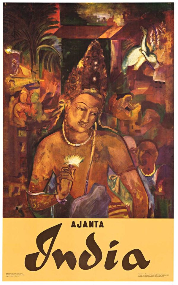 Color poster showing a stylized figure holding a white flower with surrounding figures and architectural elements above the word “AJANTA.”