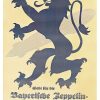Poster with a large blue lion silhouette over a light background with a zeppelin shape behind it and German text at the bottom.