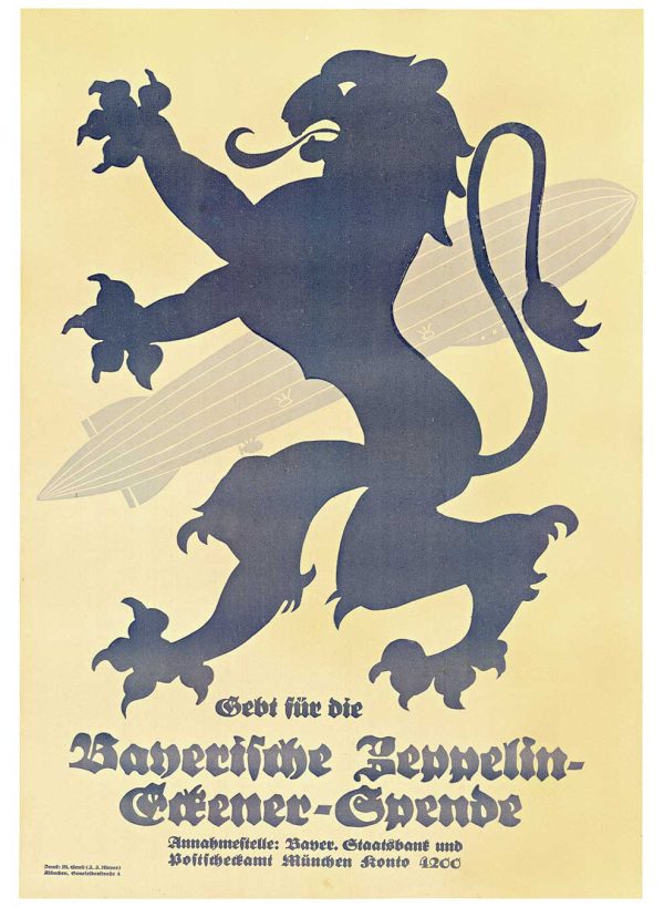 Poster with a large blue lion silhouette over a light background with a zeppelin shape behind it and German text at the bottom.
