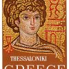 A stylized mosaic portrait of a figure with large eyes and curled hair appears above the words “THESSALONIKI GREECE” in bold lettering.