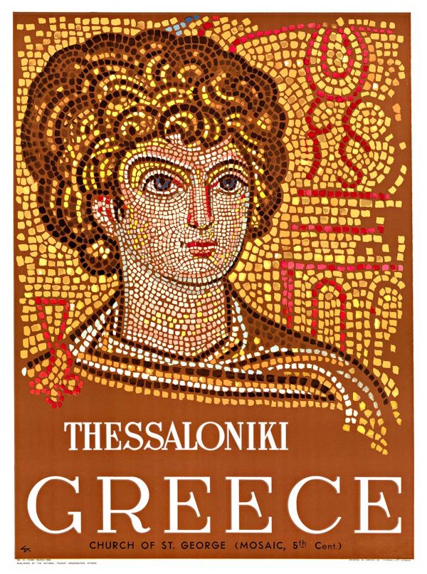 A stylized mosaic portrait of a figure with large eyes and curled hair appears above the words “THESSALONIKI GREECE” in bold lettering.