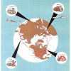 A stylized world map in brown and white on a blue background with red flight paths, two propeller airplanes, and circular inset illustrations labeled New York, Tokyo, Bombay, and Rome.