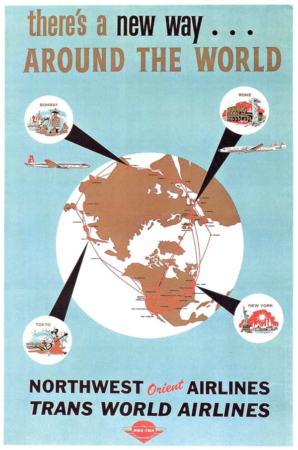 A stylized world map in brown and white on a blue background with red flight paths, two propeller airplanes, and circular inset illustrations labeled New York, Tokyo, Bombay, and Rome.