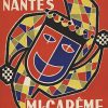 Nantes Mi-Carême 1963 festival poster featuring a stylized carnival mask and jester hat in bold cubist geometric color blocks