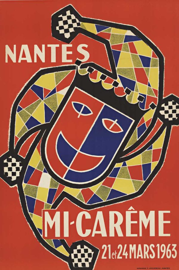 Nantes Mi-Carême 1963 festival poster featuring a stylized carnival mask and jester hat in bold cubist geometric color blocks