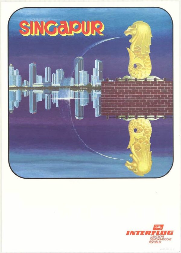 Singapore travel poster featuring the Merlion and city skyline reflected symmetrically in water against a deep blue and purple background.
