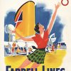 A smiling woman in a red top and green skirt reaches upward on a sunny cruise ship deck with passengers, a large funnel bearing a British-style flag, and ocean liners in the background.