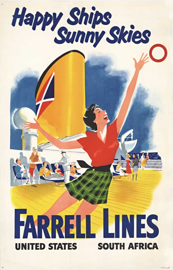 A smiling woman in a red top and green skirt reaches upward on a sunny cruise ship deck with passengers, a large funnel bearing a British-style flag, and ocean liners in the background.