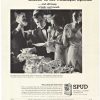 Black-and-white 1934 SPUD menthol cigarette Fortune Magazine advertisement featuring sophisticated indoor social gathering with well-dressed men and women around decorated table, SPUD package with lime green and blue branding visible on right side, vintage typography and period photography style.