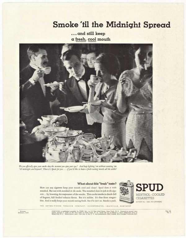 Black-and-white 1934 SPUD menthol cigarette Fortune Magazine advertisement featuring sophisticated indoor social gathering with well-dressed men and women around decorated table, SPUD package with lime green and blue branding visible on right side, vintage typography and period photography style.