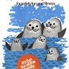 Mid-century style Learn to Swim poster with cartoon sea otter family in blue water