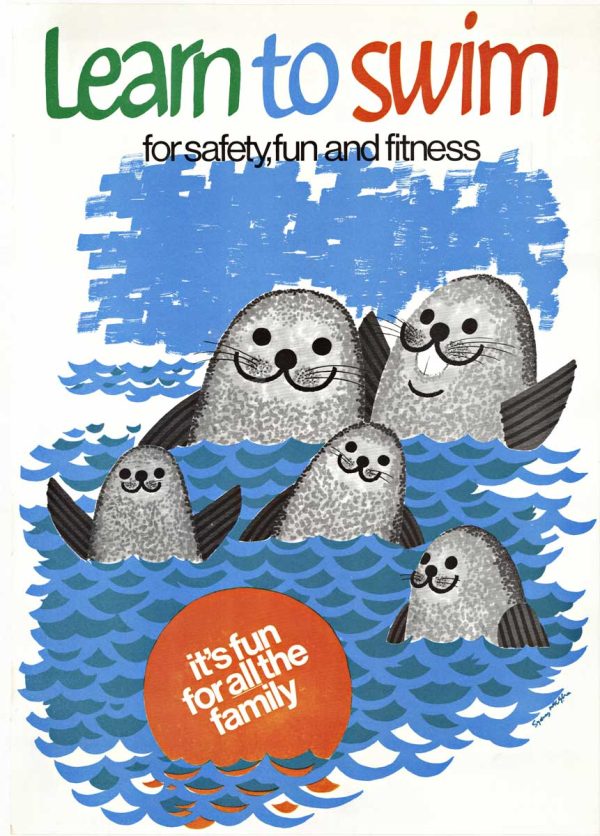 Mid-century style Learn to Swim poster with cartoon sea otter family in blue water