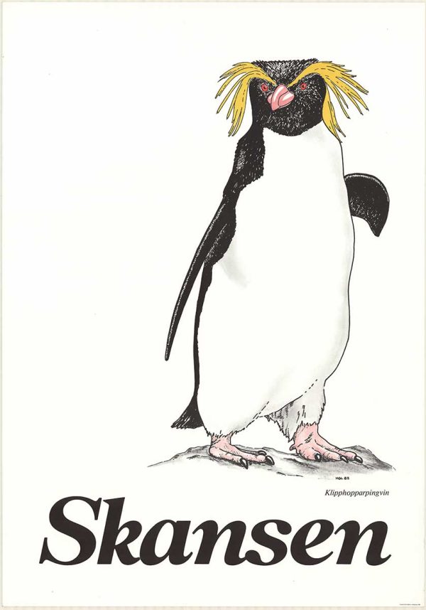 Stylized illustration of a rockhopper penguin with yellow crest standing against a plain background, created for a Skansen museum poster.