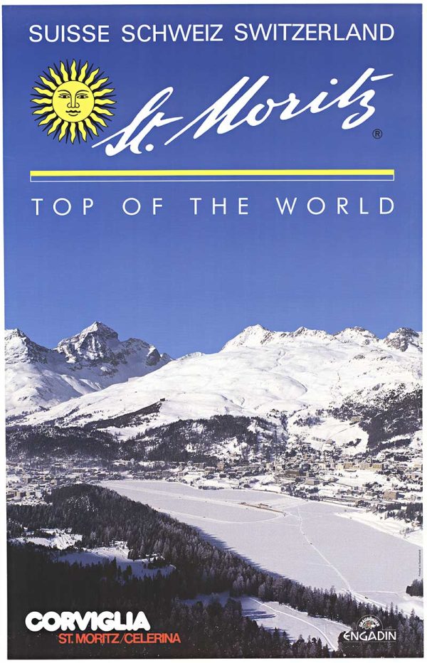 Panoramic winter view of St. Moritz with snow-covered mountains, frozen lake, and blue sky under “Top of the World” text.