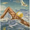 Mid-century poster of a swimmer in the foreground with sailboats and rowing teams on the water behind
