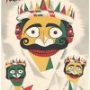 Colorful stylized festival masks with bold geometric faces and decorative headpieces on a neutral background.