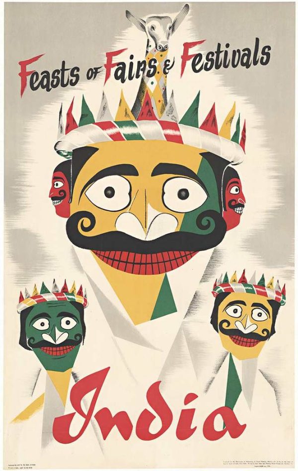 Colorful stylized festival masks with bold geometric faces and decorative headpieces on a neutral background.
