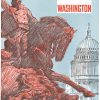 Red line illustration of an equestrian statue in front of the U.S. Capitol dome on a pale blue background with “Washington” text.