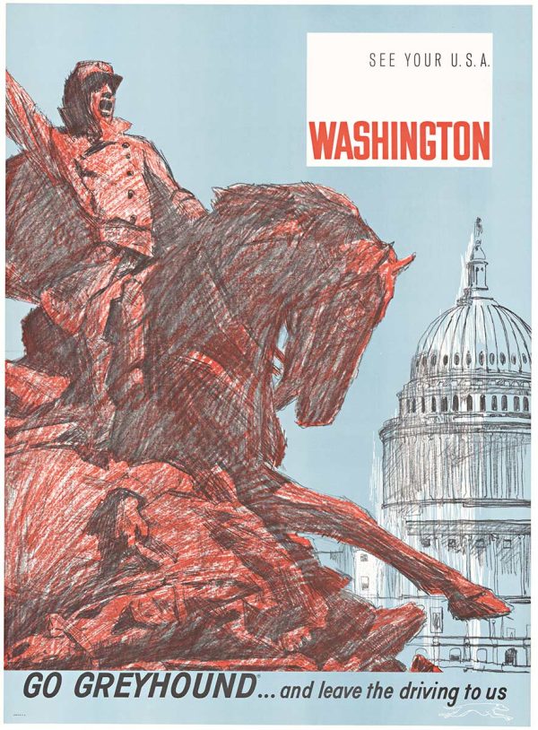 Red line illustration of an equestrian statue in front of the U.S. Capitol dome on a pale blue background with “Washington” text.
