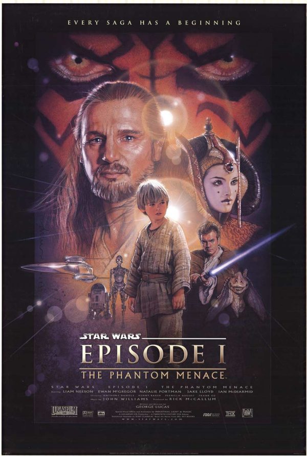 Original, 1999 U.S. one-sheet film poster featuring a central young Anakin Skywalker with surrounding character montage in a dramatic illustrated composition, double-sided format