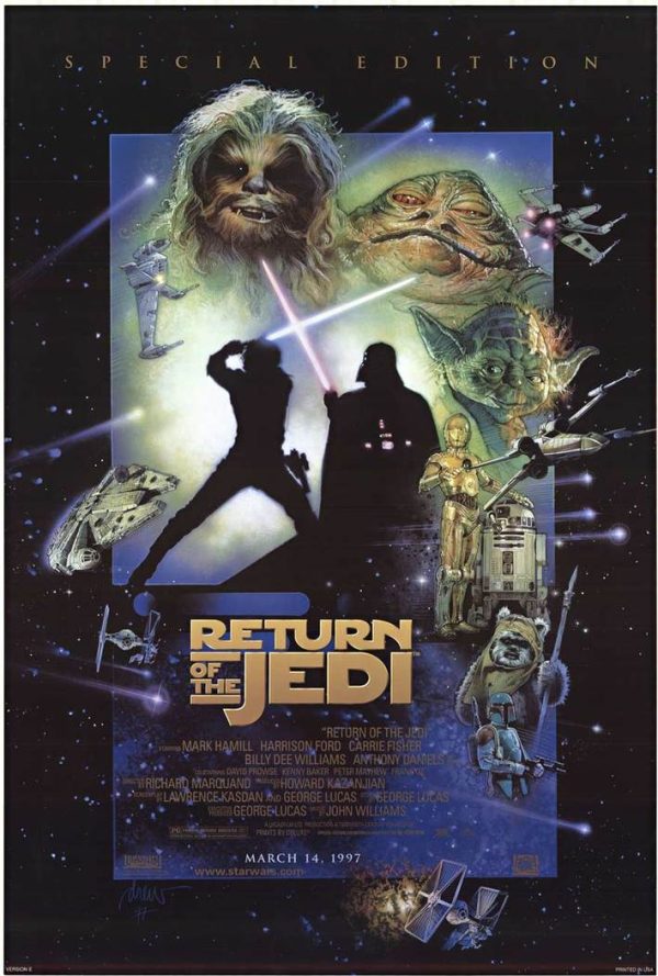 Original, 1997 one-sheet Return of the Jedi Special Edition poster featuring Luke Skywalker and Darth Vader silhouettes with character montage and starfield background.