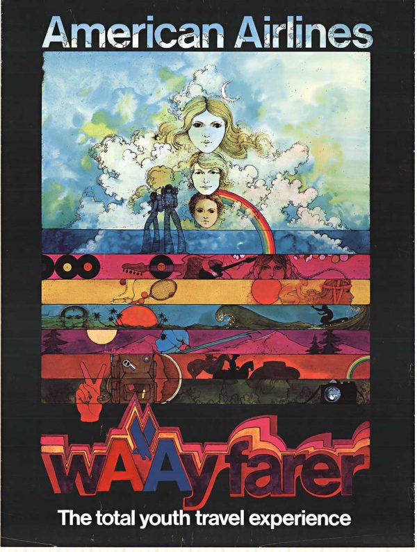 Colorful poster with stylized faces above layered horizontal bands filled with small activity scenes and the word “wayfarer” at the bottom.