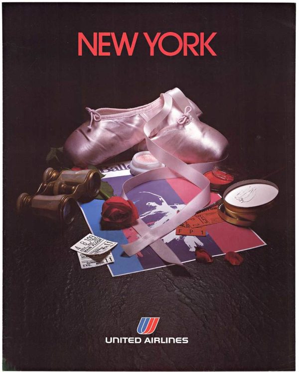 New York United Airlines travel poster featuring ballet shoes, theatre tickets, rose, and makeup arranged as a still life