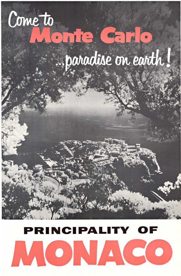 Black and white poster showing an elevated coastal view of Monte Carlo framed by trees with the words “paradise on earth!” at the top.