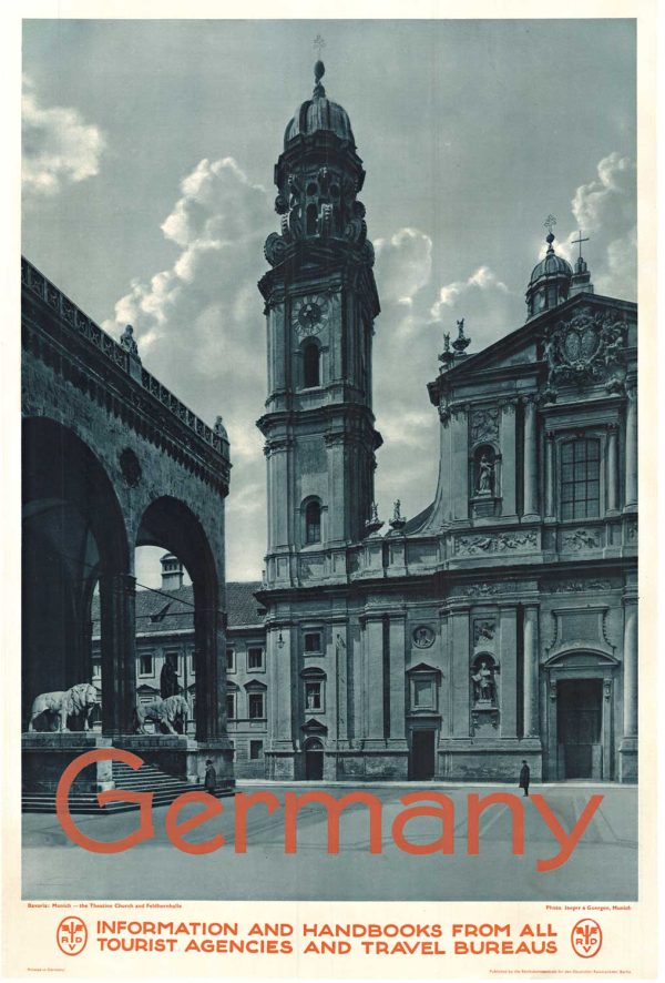 Alt Text: A blue-toned view of Munich’s Odeonsplatz shows the Theatine Church with its domed towers and the Feldherrnhalle arcade on the left, framed by architectural shadows and a cloudy sky.