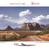 A desert road leads toward red rock formations under a blue sky with clouds, with a small illustrated airplane and “Arizona” text along the top and bottom.